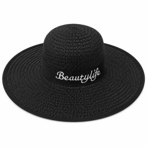 Palarie de Vara Neagra pentru Femei cu Broderie Decorativa si Protectie UV