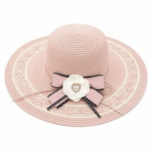 Palarie de Vara Roz pentru Femei, cu Bor Lat, Floare Eleganta si Protectie UV