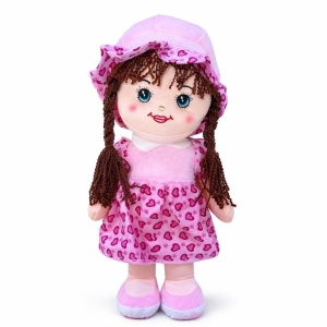 Papusa textila muzicala 40 cm, canta „Bau Bau”, rochie roz deschis cu inimioare, jucarie copii +3 ani