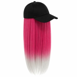 Peruca lunga 50 cm cu sapca neagra, par fucsia cu varfuri albe