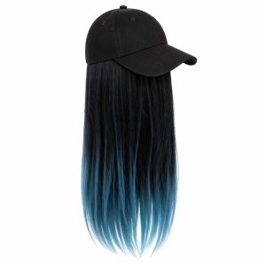 Peruca lunga 50 cm cu sapca neagra, par negru cu ombre albastru
