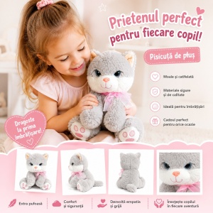 Pisică de Plus Gri 25 cm pentru Copii – Jucărie Moale și Pufoasă din Pluș - Img 2