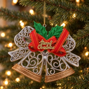 Set 12 Clopoței decorativi de Crăciun cu fundiță, ornament brad, 3 culori, plastic - Img 3