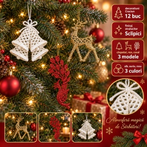 Set 12 decoratiuni de Craciun cu sclipici pentru brad, diverse modele, dimensiuni intre 7-10cm - Img 4