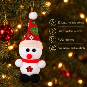 Set 12 decorațiuni de Crăciun, figurine om de zăpadă din PVC, cu șnur pentru brad, 16x6 - Img 2