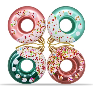 Set 4 globuri decorative de Craciun, rose-gold si verde, cu sclipici,14x14x3cm