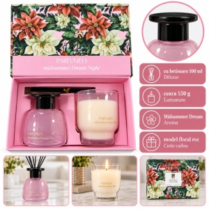Set aromaterapie cu lumânare parfumată și difuzor cu bețișoare, aromă florală, roz, 24 x 16 cm