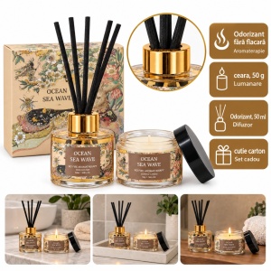 Set cadou lumânare parfumată și difuzor cu bețișoare, parfum Valurile Marii, 20 × 14 cm