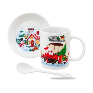 Set cană ceramică cu linguriță și farfurioară, model Moș Crăciun, idee cadou, 16x18cm