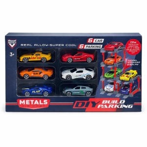 Set constructie parcare cu 6 masinute din metal die-cast, modele diverse