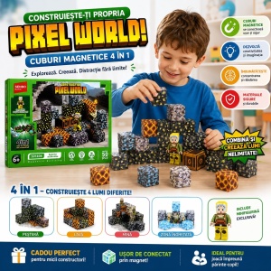 Set Cuburi Magnetice Pixel World 4 în 1, 50 Piese cu Minifigurină, Joc de Construcție Magnetic, 6+ Ani