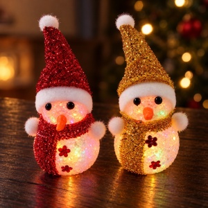 Set de 12 Decoratiuni Oameni de zăpadă cu LED multicolor, auriu și roșu, plastic/PVC, 13,5 x 7 cm - Img 5