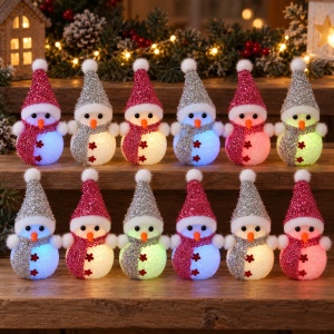 Set de 12 decoratiuni Oameni de zăpadă, roz si argintiu, cu lumini multicolore ,din plastic, 13x7 cm - Img 4