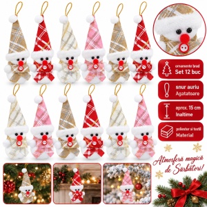 Set de 12 Ornamente de brad cu Om de Zăpadă, de Crăciun, șnur auriu, 15 × 6,5 cm