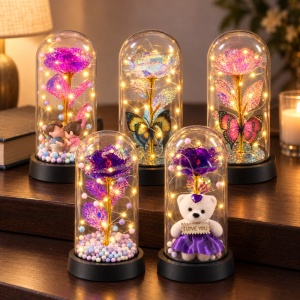Set de 5 Cupole cu trandafir artificial și lumini LED, modele aleatorii , din plastic - Img 7