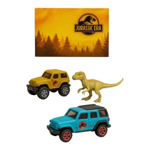 Set Jucarii Jurassic Era 3 Piese , 2 Masinute Off-Road si 1 Dinozaur , Plastic Multicolor