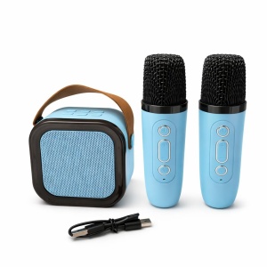 Set karaoke portabil cu 2 microfoane wireless si boxa Bluetooth, model K12, albastru