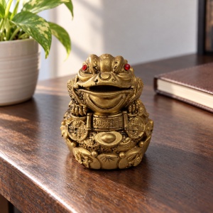 Statuetă broască Feng Shui cu bănuți, rășină, aurie, aprox. 8 × 7,5 cm - Img 3