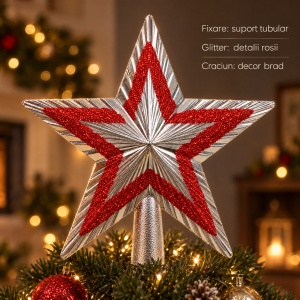 Stea decorativa varf de brad, argintie cu glitter rosu, plastic, Craciun, 20x20cm - Img 2