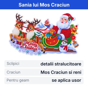 Sticker decorativ geam de Craciun, Mos Craciun in sanie cu reni, model sclipici, 30x15cm - Img 2