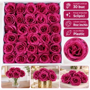 Trandafiri artificiali cu sclipici, set 30 de bucăți, plastic, roz închis, 8cm