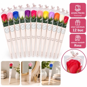 Trandafiri artificiali parfumați, set 12 bucăți, mix culori, ambalați individual, 25 cm