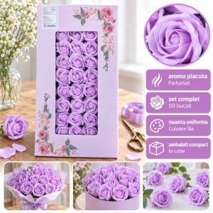 Trandafiri de săpun parfumați, set 50 de bucăți, lila, 5cm