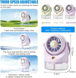 Ventilator portabil cu pulverizare apa si rezervor, 3 trepte viteza, lumina LED, USB, mov - Img 2