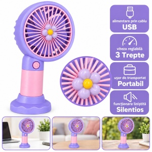 Ventilator portabil de mână cu USB, 3 trepte de viteză, model floare mov - Img 2