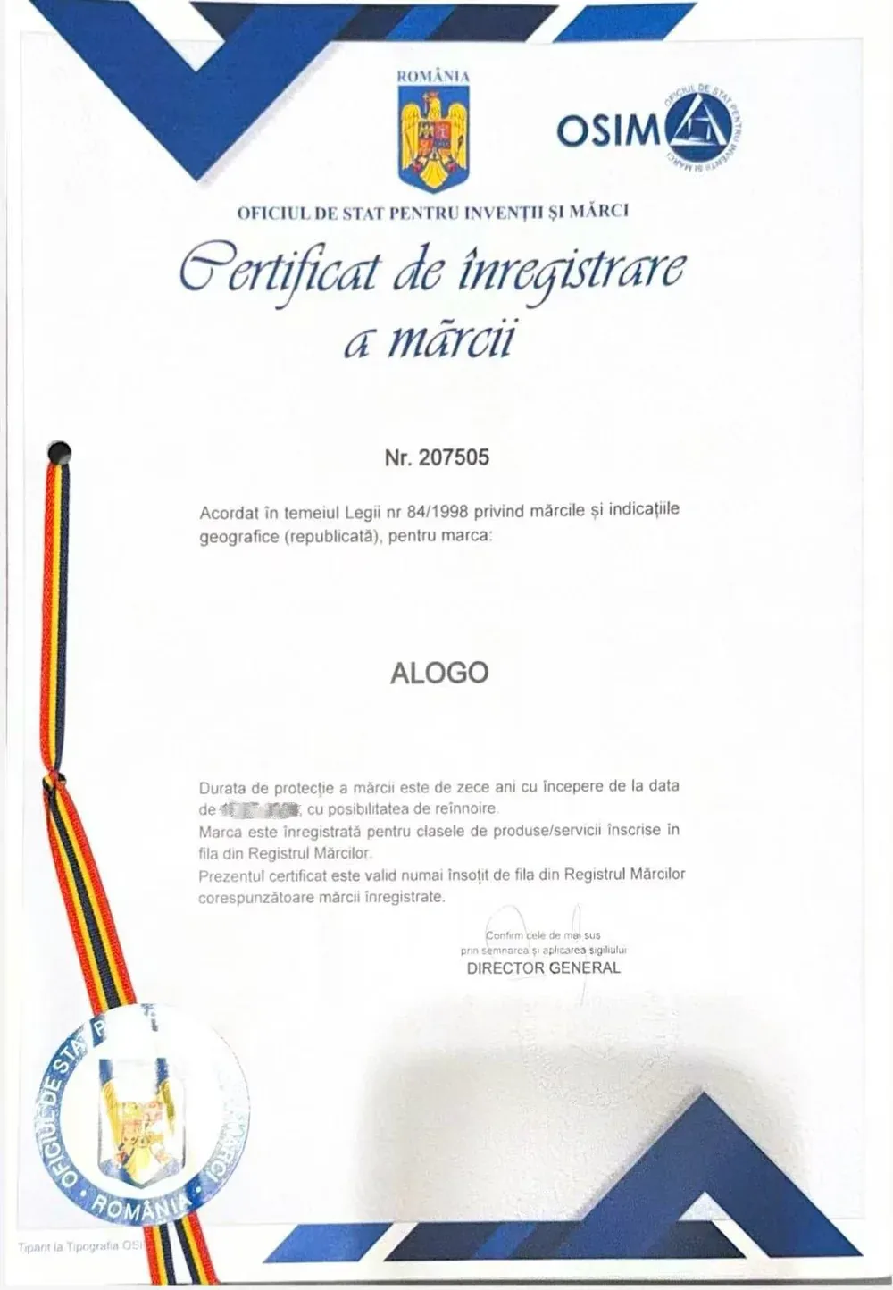 Certificatul OSIM al mărcii ALOGO