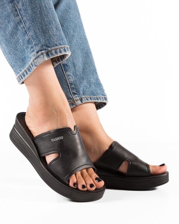 Papuci dama cu platforma Negri din Piele Ecologica Yama - Img 2