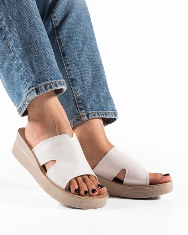 Papuci dama cu platforma Albi din Piele Ecologica Yama - Img 2