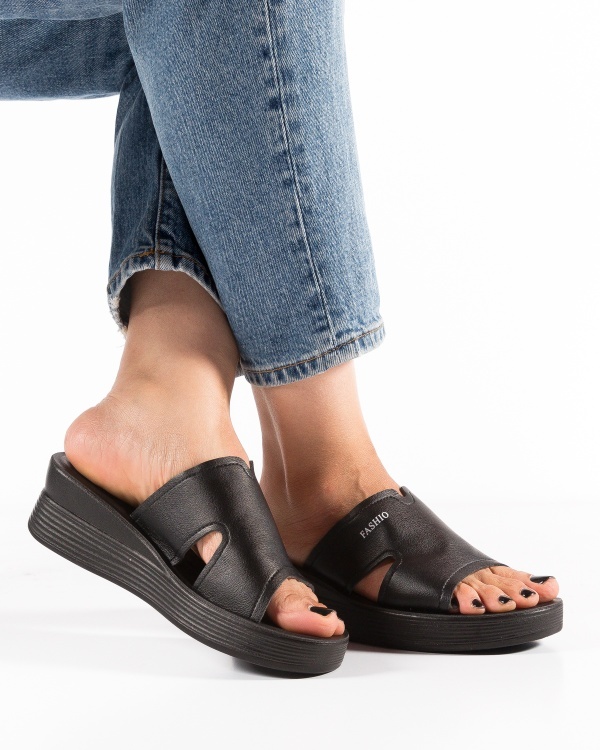 Papuci dama cu platforma Negri din Piele Ecologica Yama - Img 3