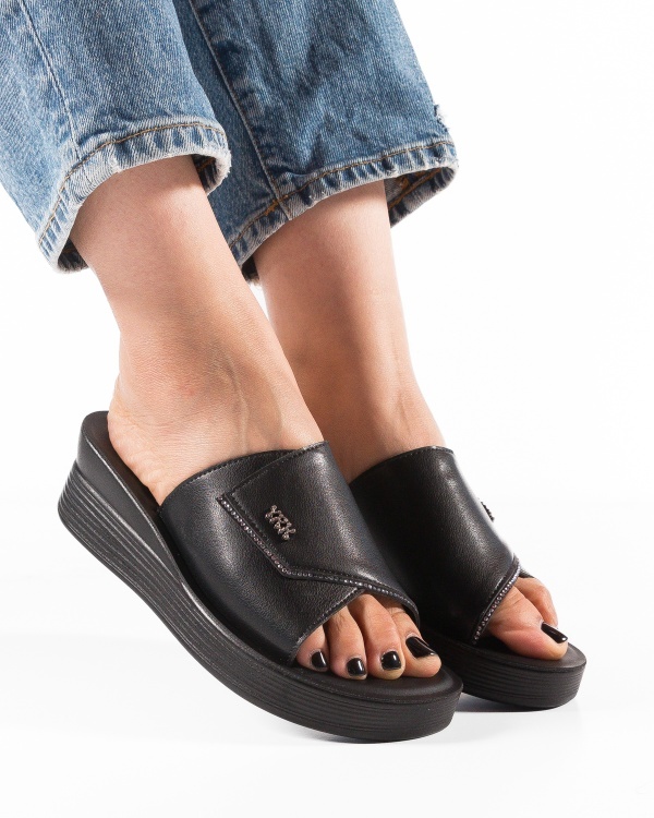 Papuci dama cu platforma Negri din Piele Ecologica Zulu - Img 2
