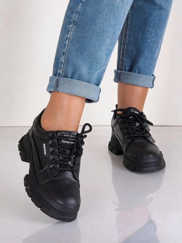Pantofi dama casual negri cu siret si talpa groasa H33 - Img 3