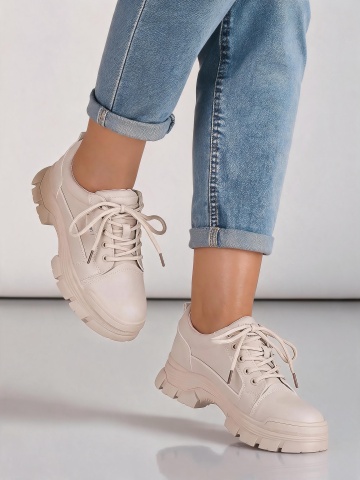 Pantofi dama casual bej cu siret si talpa groasa H33 - Img 3