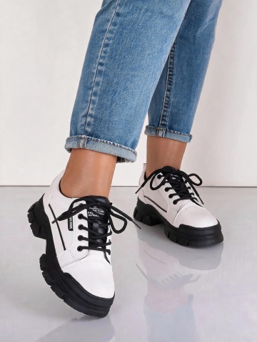 Pantofi dama casual alb-negru cu siret si talpa groasa H33