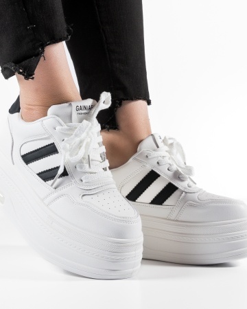 Sneakers dama cu platforma Alb-Negru din Piele Ecologica Pmal - Img 2