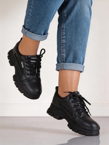 Pantofi dama casual negri cu siret si talpa groasa H33