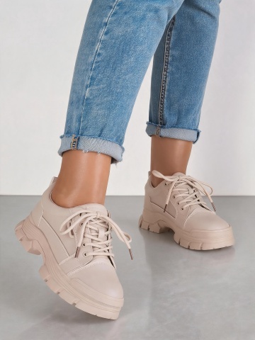Pantofi dama casual bej cu siret si talpa groasa H33