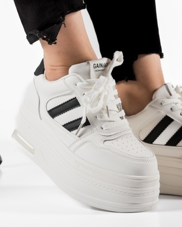 Sneakers dama cu platforma Alb-Negru din Piele Ecologica Pmal - Img 3