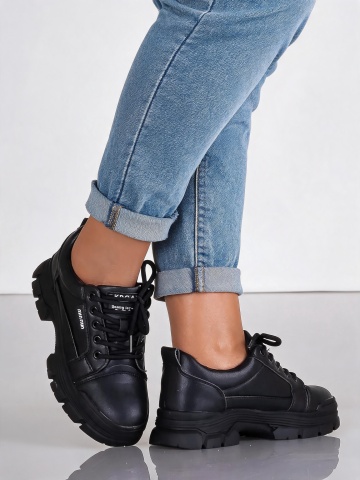 Pantofi dama casual negri cu siret si talpa groasa H33 - Img 2