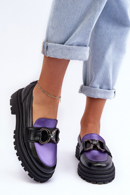Women's Leather Loafers on Flat Heel Black-Purple Elkiza SH27758 - Black