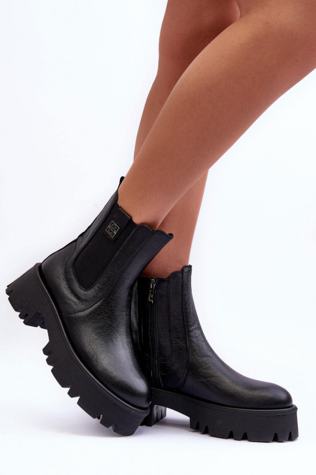 Leather Ankle Boots On Massive Platform Black Lisencca SH27382 - Black