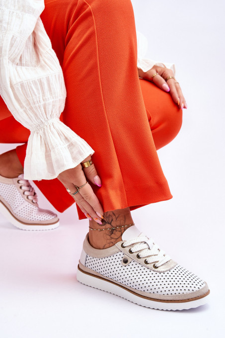 Fashionable Leather Openwork Sports Shoes White and Gold Cantare SH24855 - White