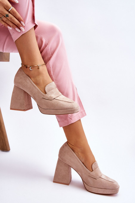 Suede Pumps On A Chunky Heel And Platform Beige Adriel SH24347 - Shades of brown and beige