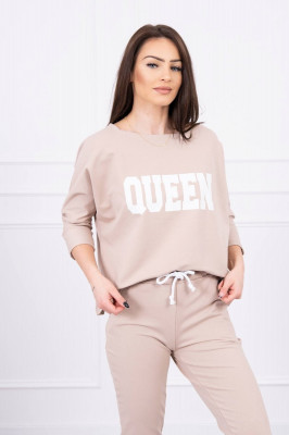 Дамски комплект от блуза с надпис Queen и панталон с връзка на кръста