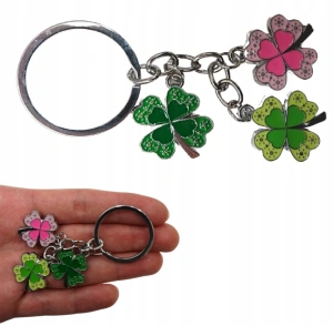 Breloc metalic trifoi norocos 3 pandantive, accesoriu chei, amuleta noroc, multicolor, 11 cm - Img 4