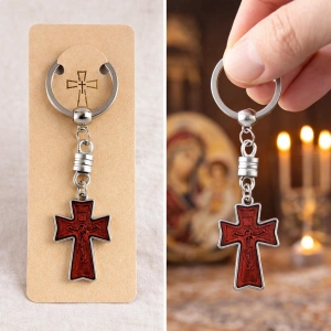 Breloc religios cruce din lemn cu figurina Isus, breloc crestin cu inel metalic pentru chei, accesoriu spiritual compact - Img 4