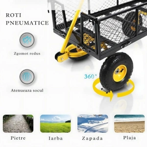 Carucior universal pentru curte, gradina, otel, design compact, maner ergonomic, 86 x 46 x 20 cm, galben/negru - Img 3